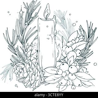 Una grande composizione con una candela in fiamme, rami di pino, coni e un bagliore di Capodanno. Questa grafica dettagliata disegnata a mano è perfetta per le intestazioni dei blog Illustrazione Vettoriale