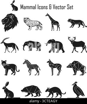 Set di icone dei mammiferi, raccolta di simboli animali e animali, illustrazione di foresta, giungla e vettore naturale Illustrazione Vettoriale