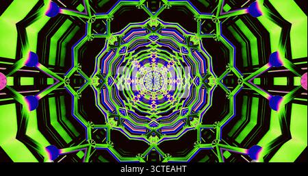 Le forme geometriche verdi e viola vivaci creano un ipnotico motivo caleidoscopico. Il design riflette una complessa interazione di linee e forme, dr Foto Stock