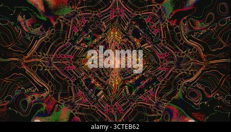 Una composizione astratta vibrante e complessa presenta colori vorticosi e forme geometriche. Il pezzo sfoggia un mix di tonalità rosso, verde e oro, c Foto Stock