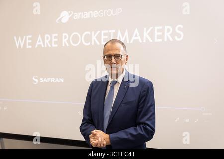 Bruxelles, Belgio. 6 ottobre 2025. Philippe Clar di Arianegroup nella foto durante la firma di un contratto spaziale strategico con ArianeGroup al SABCA, a Bruxelles, lunedì 6 ottobre 2025. BELGA PHOTO JAMES ARTHUR GEKIERE credito: Belga News Agency/Alamy Live News Foto Stock
