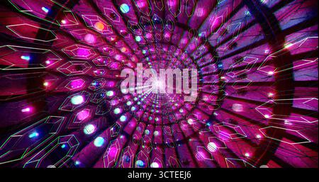 Un tunnel vibrante pieno di luci vorticose e forme geometriche cattura gli spettatori. Il display colorato crea un'atmosfera incantevole, perfetta per Foto Stock