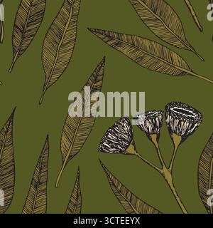 Motivo senza cuciture con eucalipto. Illustrazione di un vettore tropicale esotico disegnato a mano. Sfondo decorativo con foglie e soffici fiori di eucalipto Illustrazione Vettoriale