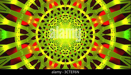Un vivace motivo geometrico mette in mostra forme complesse in tonalità verde, rosso e giallo. Il design crea un effetto visivo affascinante disegnando il Foto Stock