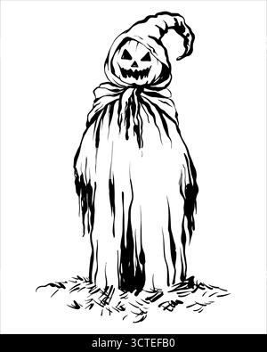 Illustrazione del vettore lineare "Pumpkin Man in Hood" Illustrazione Vettoriale