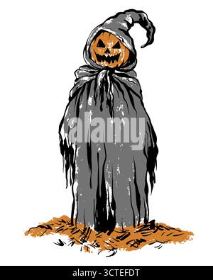 Illustrazione del vettore lineare "Pumpkin Man in Hood" Illustrazione Vettoriale
