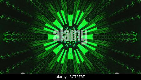 I motivi verdi brillanti irradiano verso l'esterno in una formazione simmetrica. Il design presenta varie forme e linee, creando un effetto visivo sorprendente Foto Stock