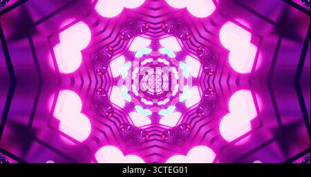 Il motivo vivace presenta cuori e forme vorticose in tonalità rosa e viola. Le luci brillanti riflettono e creano un effetto visivo ipnotico, aggiungendo un tocco Foto Stock