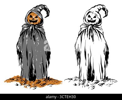 Illustrazione del vettore lineare "Pumpkin Man in Hood" Illustrazione Vettoriale