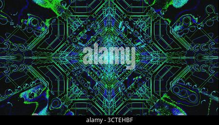 I colori vivaci e brillanti creano un design complesso pieno di linee e ripetizioni fluide. Questo pezzo artistico mostra una rappresentazione astratta di co Foto Stock