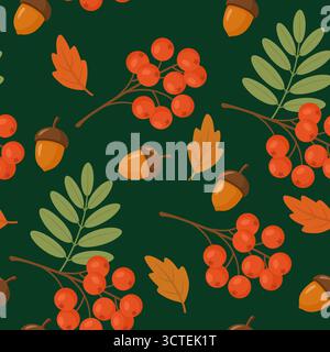 Vegetazione autunnale senza cuciture con bacche di rowan, ghiande e foglie colorate su sfondo verde scuro Illustrazione Vettoriale
