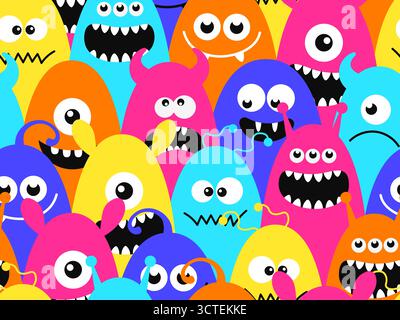 Fantasia colorata senza cuciture con simpatici mostri cartoni animati. Personaggi divertenti e giocosi con colori arcobaleno brillanti, perfetti per il design dei bambini, Halloween Illustrazione Vettoriale