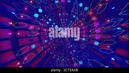 Una scena coinvolgente presenta un tunnel vibrante pieno di luci vorticose e motivi geometrici. I colori dinamici creano un'atmosfera surreale Foto Stock