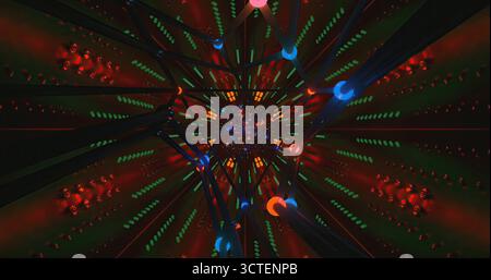 Le luci brillanti si alternano in uno schema dinamico, creando un effetto tunnel colorato. Le luci rosse, verdi e blu lampeggiano in armonia, creando un'esperienza coinvolgente e coinvolgente Foto Stock