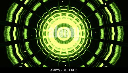 Una vista mozzafiato dal basso rivela un motivo circolare simmetrico e verde brillante. Il design è caratterizzato da strati distinti e irradia un bagliore energico, c Foto Stock