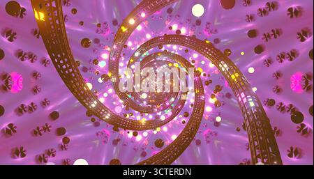 I colori brillanti si mescolano in una spirale dinamica piena di forme e motivi brillanti. Questa scena astratta crea un senso di movimento ed eccitazione Foto Stock