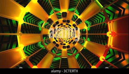 Un luminoso tunnel circolare mostra luci colorate in giallo, verde e arancione. Le ripetizioni geometriche creano una profondità ipnotica, disegnando la vista Foto Stock