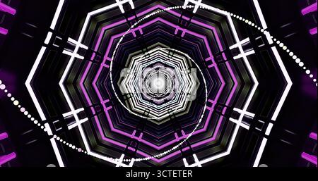 Questa opera d'arte presenta un vivace motivo a spirale fatto di forme geometriche interconnesse, che fonde varie sfumature di viola e nero. Il progetto crea Foto Stock