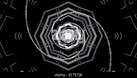 Una serie di forme geometriche complesse si muovono a spirale verso l'interno su uno sfondo scuro. Il design presenta linee e cerchi alternati che creano un'atmosfera accattivante Foto Stock