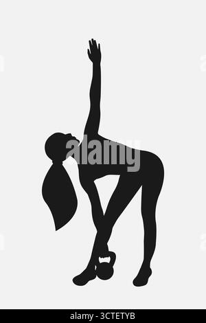 Una donna senza volto esegue un stretch laterale con un campana in uno stile semplice e artistico. La silhouette mostra resistenza e flessibilità. Illustrazione Vettoriale