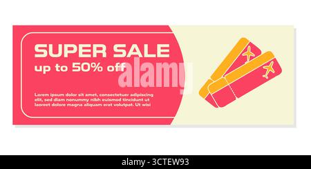Un volantino di vendita pubblicizza le offerte di viaggio fino al 50% di sconto. Presenta biglietti aerei rosa e giallo e un testo che descrive la promozione. Il design utilizza uno stile Y2K moderno. Illustrazione Vettoriale