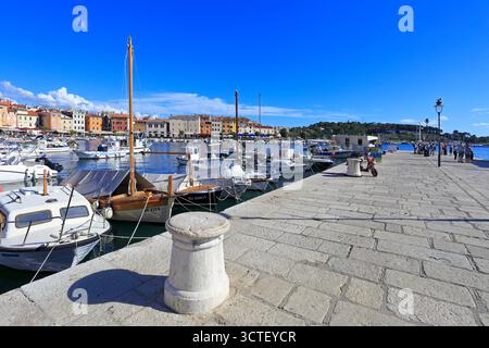 Barche nel porto di Rovigno e nella città vecchia, Istria, Croazia, Europa. Foto Stock