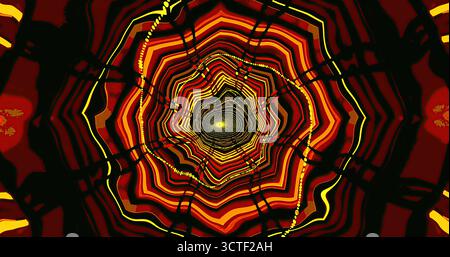 Questo vivace design a spirale è caratterizzato da colori vorticosi in vivaci tonalità di rosso, giallo e nero, che creano un effetto tunnel ipnotico. Una visione accattivante Foto Stock
