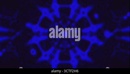 I motivi vorticosi in blu intenso creano un design intricato e astratto. La grafica presenta forme simmetriche che attirano l'occhio dello spettatore, evocando un sen Foto Stock