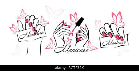 Set con logo Butterfly manicure. Modello di design con logo per smalti o parrucchiere con concept creativo. Disegnato a mano. Non ai, illustrazione vettoriale Illustrazione Vettoriale