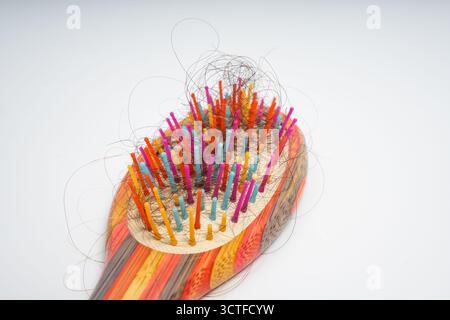 Spazzola colorata con fili di capelli morbidi aggrovigliati di setole su sfondo bianco isolato. Primo piano di una spazzola di legno riempita di distacco Foto Stock