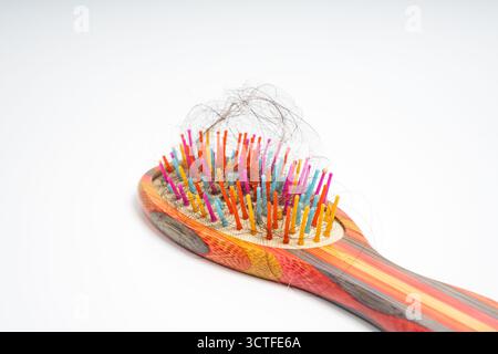 Spazzola colorata con fili di capelli morbidi aggrovigliati di setole su sfondo bianco isolato. Primo piano di una spazzola di legno riempita di distacco Foto Stock
