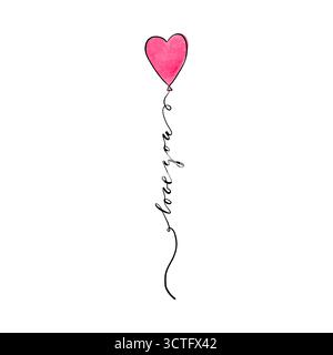 Ti piace il nastro di scrittura a penna disegnato a mano con cuore ad acquerello isolato su sfondo bianco. Illustrazione Vettoriale