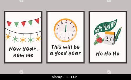 Collezione di tre semplici poster di Capodanno e Natale. Set di poster vettoriali invernali alla moda con virgolette. Comodi poster disegnati a mano per arredare la casa Illustrazione Vettoriale