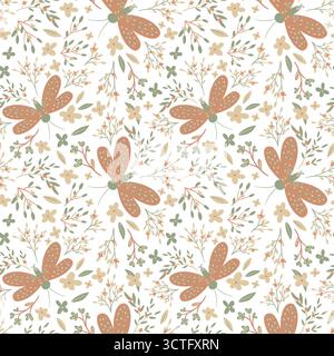 Pattern digitale senza cuciture con farfalle marroni, fiori e foglie verdi morbide. Design arioso e minimale con tonalità pastello tranquille. Perfetto per il tessuto primaverile Foto Stock