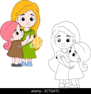 Dolce illustrazione di un cartone animato di una madre che abbraccia amorevolmente sua figlia, simboleggiando l'amore familiare, l'affetto e la connessione emotiva Illustrazione Vettoriale