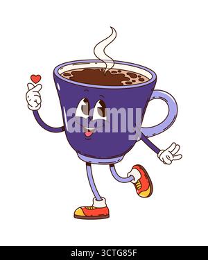 La tazza di caffè cartoni animati è caratterizzata da un volto sorridente, un aumento del vapore e un gesto cardiaco delle dita. Tazza da caffè calda in porcellana viola vettoriale isolata, un personaggio retrò per la colazione con una faccia allegra e deliziosa Illustrazione Vettoriale