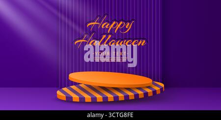 Podio di Halloween con sfondo vettoriale 3d viola e piattaforma a strisce arancioni, promozione stagionale vettoriale autunnale e prodotti cosmetici. Spaventoso podio di Halloween con piedistallo rotondo realistico Illustrazione Vettoriale