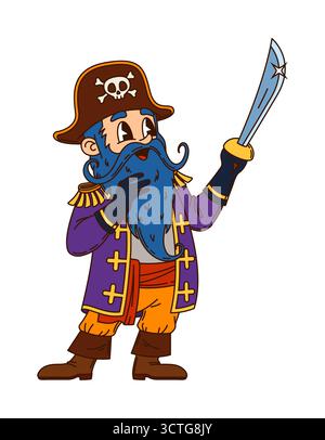 Pirata e corsario europeo. Capitano del mare vettoriale, personaggio di cartoni animati retrò con barba aspra e tricorno con una sciabola, pronto per avventure in alto mare e caccia al tesoro Illustrazione Vettoriale