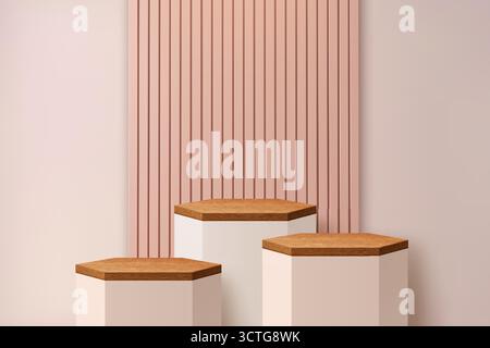 piedistalli per palcoscenici beige 3d con piastre in legno e sfondo verticale del pannello. Elegante studio neutro per l'esposizione di cosmetici, moda o prodotti con toni delicati che evocano calma e lusso Illustrazione Vettoriale