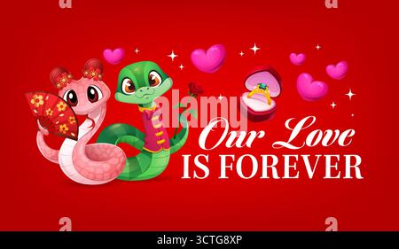 Il nostro amore è per sempre felice il biglietto di auguri di san valentino. Striscione vettoriale di San Valentino, poster di citazione romantica con serpenti personaggi asiatici, anello di fidanzamento e tipografia Illustrazione Vettoriale