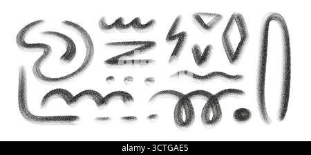 Set di forme di graffiti in stile art stipple con texture spray e ombreggiatura grana. Pacchetto vettoriale astratto di elementi in bianco e nero, comprese le linee Illustrazione Vettoriale