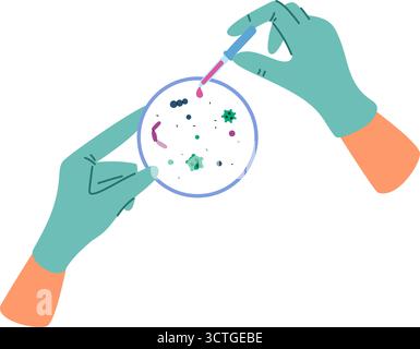 La mano del microbiologo che indossa il guanto contiene la capsula di vetro Petri e la pipetta. Esperimento scientifico di laboratorio. Ricerca medica microbica. Microbiologia Illustrazione Vettoriale