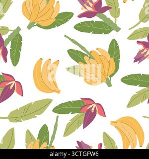 Colorato motivo a banana con foglie e fiori su sfondo bianco. Illustrazione Vettoriale