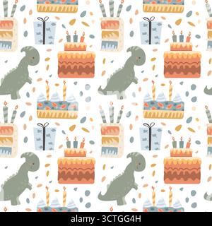 Colorato motivo di compleanno dei dinosauri con dolci e regali. Illustrazione Vettoriale