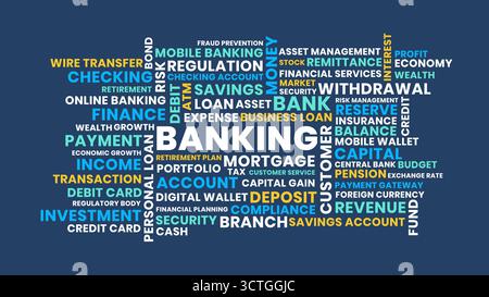 Progettazione di Word cloud per il settore bancario, investimenti e illustrazione di Word cloud per il digital banking con finanza, risparmio e concetto di capitale Illustrazione Vettoriale