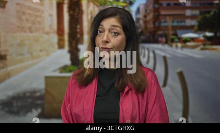 Donna in giacca rosa solleva il sopracciglio in strada da edifici urbani e dissuasori sotto la luce del sole; scetticismo. Foto Stock
