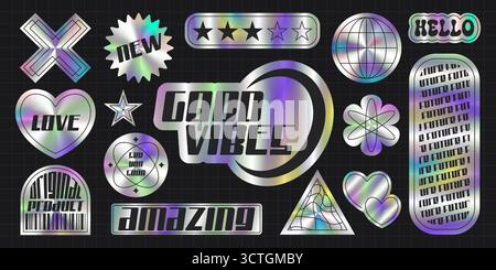 Set di adesivi olografici Y2K con effetto gradiente iridescente: Badge futuristici retrò, cuori, stelle e forme geometriche con etichette testuali alla moda. Elementi di nostalgia digitale per un progetto di design moderno Illustrazione Vettoriale