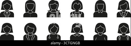 Icone Avatar femminili con abiti professionali e casual Set di icone Solid. Simboli del profilo utente per identità, interfaccia e profilo del contatto aziendale Illustrazione Vettoriale