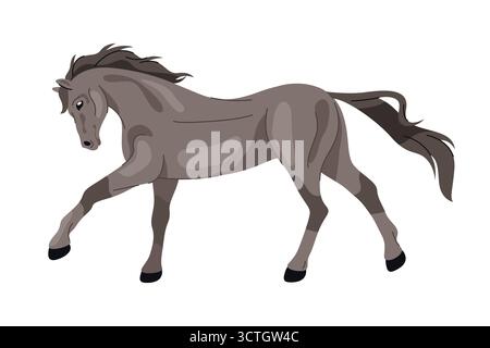 Cavallo Vector mustang o cavolo galoppante americano. Segno di mammifero equino o broodmare occidentale degli Stati Uniti. Movimento di razza rurale o movimento dello stallone sportivo. Galoppo equestre degli Stati Uniti. Simbolo della fauna selvatica. Illustrazione Vettoriale