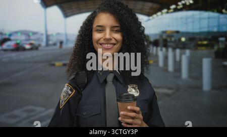 Giovane ispanica agente di polizia in uniforme sorridente e con caffè in un terminal aeroportuale all'aperto. Foto Stock